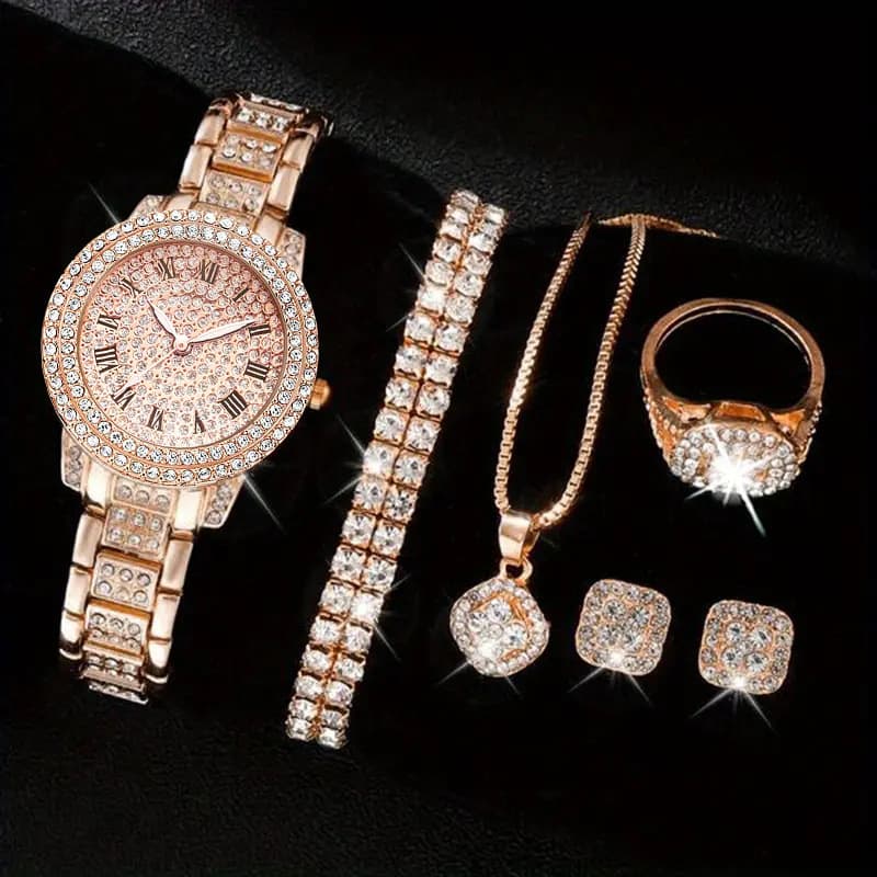 Women's Watch Five-piece Set Diamond Women's Watch Ladies Fashion Roman Quartz Watch Wristwatch