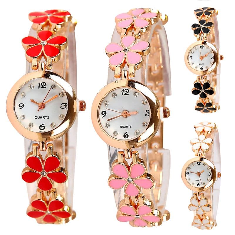 Yamaler Fashion Women Rhinestone Flower Round Dial Analog Quartz Bracelet Watch Gift