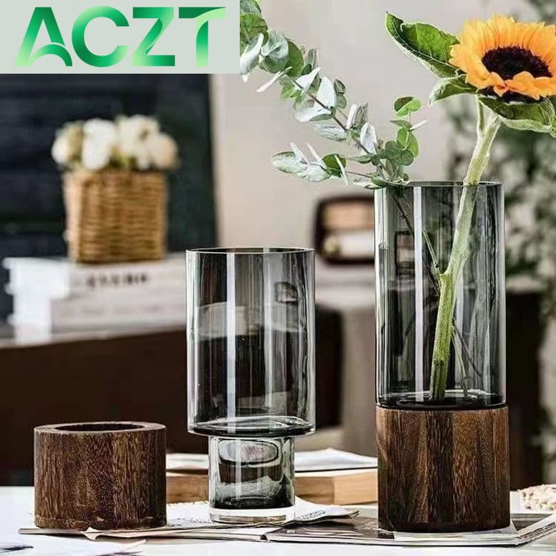 choiceness Wood Base Luxe Glass Vase - Hydroponic Flower Arranger For Dining Table & Nordic Decor
