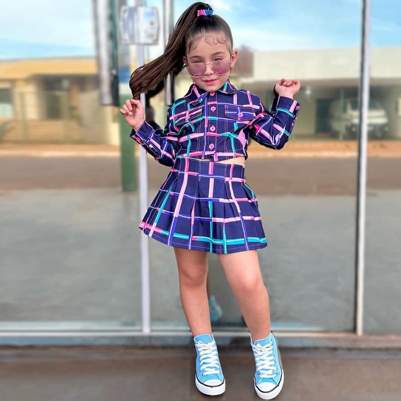 Mother&Kids Children's suit girls summer children plaid pleated skirt suit