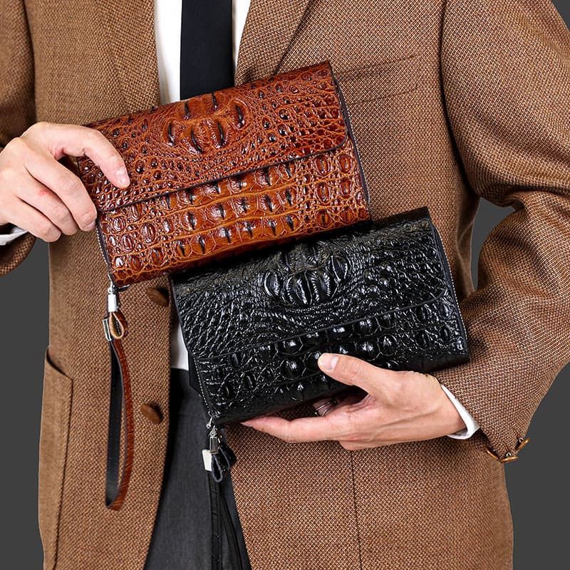 Men's Handbag Men's Crocodile Print Hand-held Bag, Double Zipper Handbag, Hand-carried Double-layer Mobile Phone Bag, Card Bag