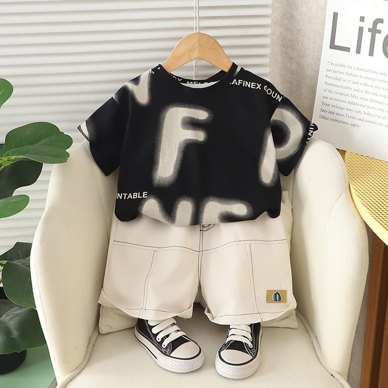 Children's Clothing Boys Outfit 2025 New Summer Letter Round Neck Short Sleeve Two-Piece Set Baby Casual