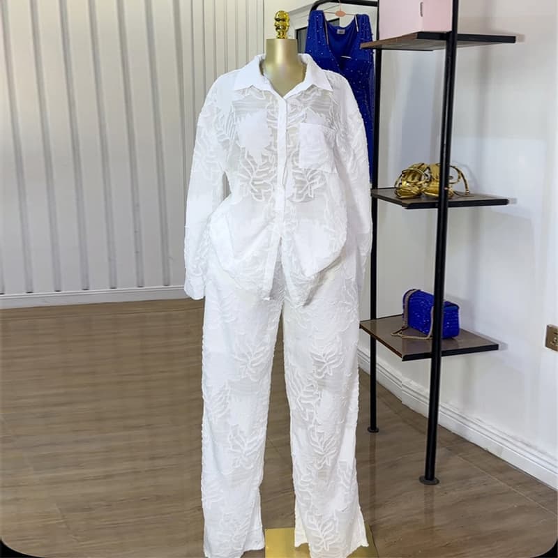 Women's Clothing Summer New Sweet Fresh Lapel Patch Pocket Long Sleeve Shirt High Waist Straight Leg Pants Two-piece Set