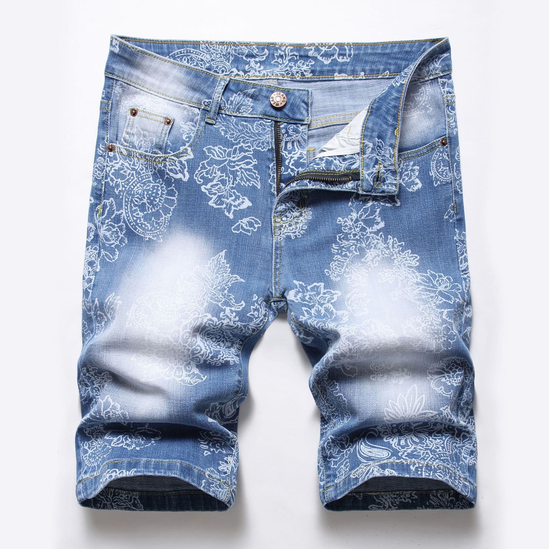Men's Fashion Elastic Printed Personalized Denim Shorts