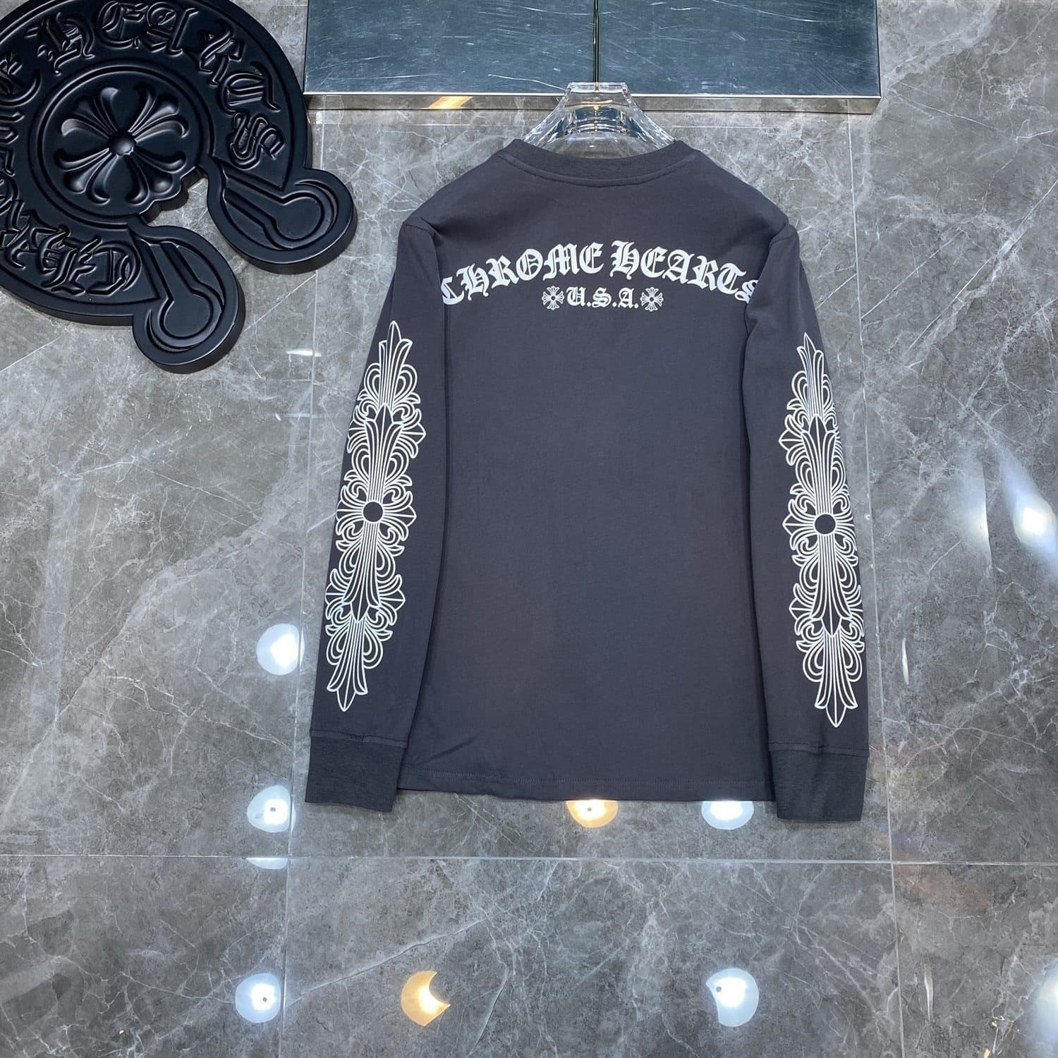 T-shirt à manches longues Chrome Hearts style fer à cheval – Coton premium, imprimé croix gothique, t-shirt streetwear graphique unisexe multico