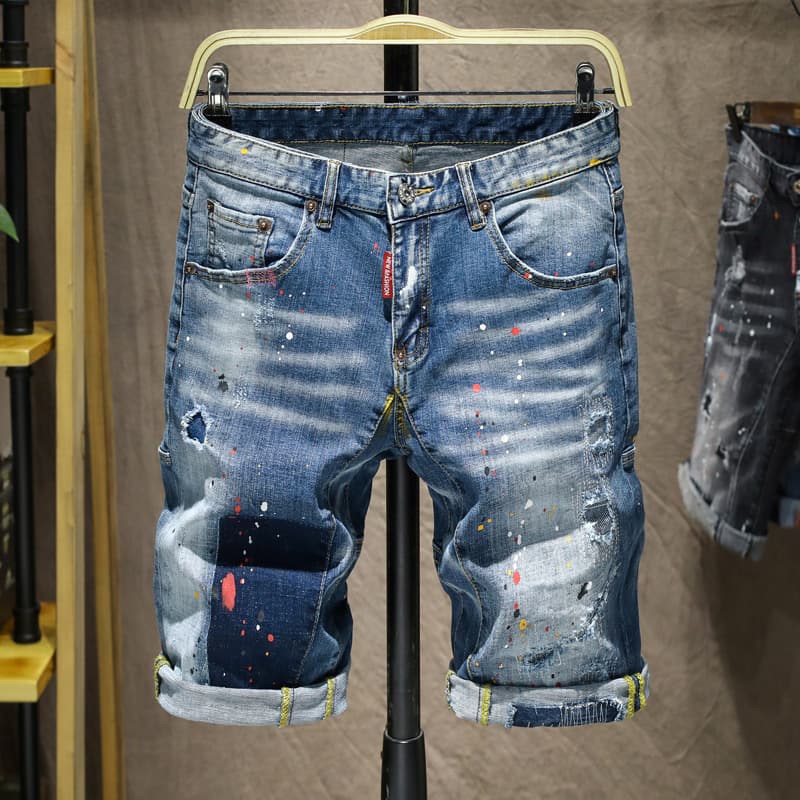 Suitable For All Seasons Trendy Summer Street Style Five-Point Heavy Washed Ripped Patchwork Paint Splatter Denim Mid-Length Pants For Men