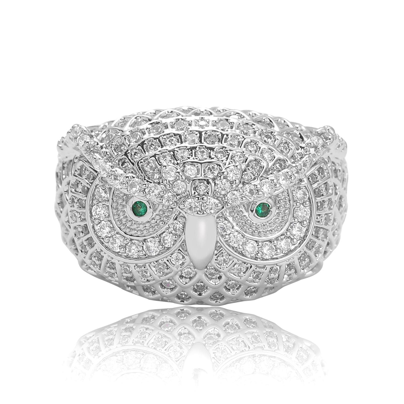 European And American Owl Green Gemstone Micro Pave Zircon Personality Unisex Hip-Hop Jewelry Trendy Ring