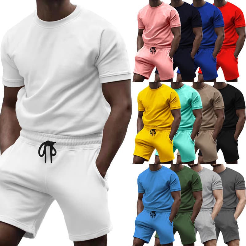 Man's Clothing Short Sleeve T Men's Casual Fashion Solid Color Two-piece Tracksuit Fashion Quarter Pants Men