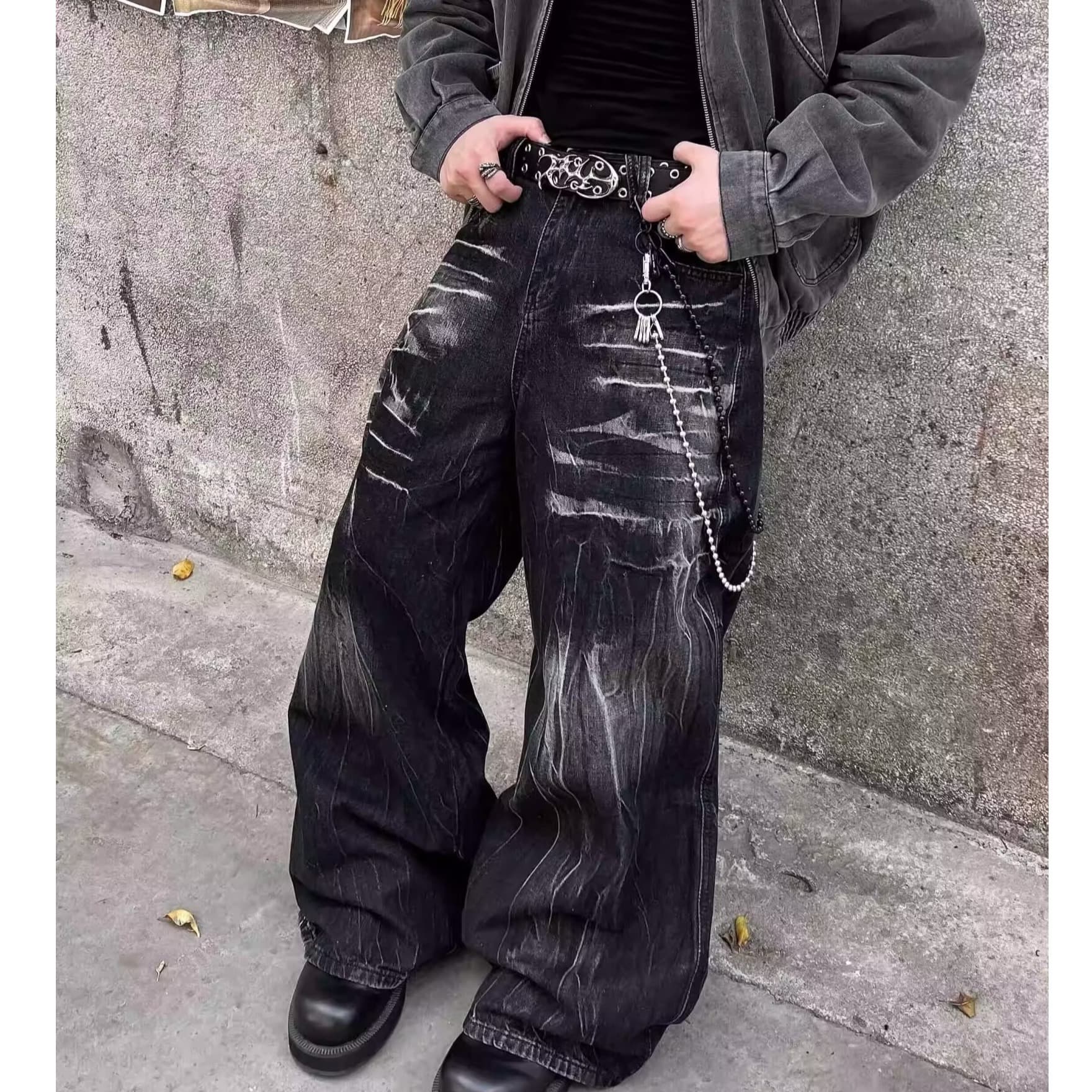Men's Clothing American Street Fashion Washed Fission Cat Whisker Retro Straight Jeans For Men And Women Trendy Brand Loose Casual Wide Leg Trousers