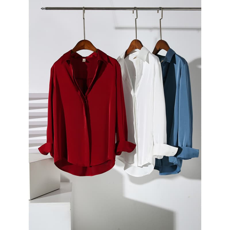 Elegant Satin Blouse Women's Long Sleeve Office Shirt Wrinkle-Resistant Loose Fit Polo Collar