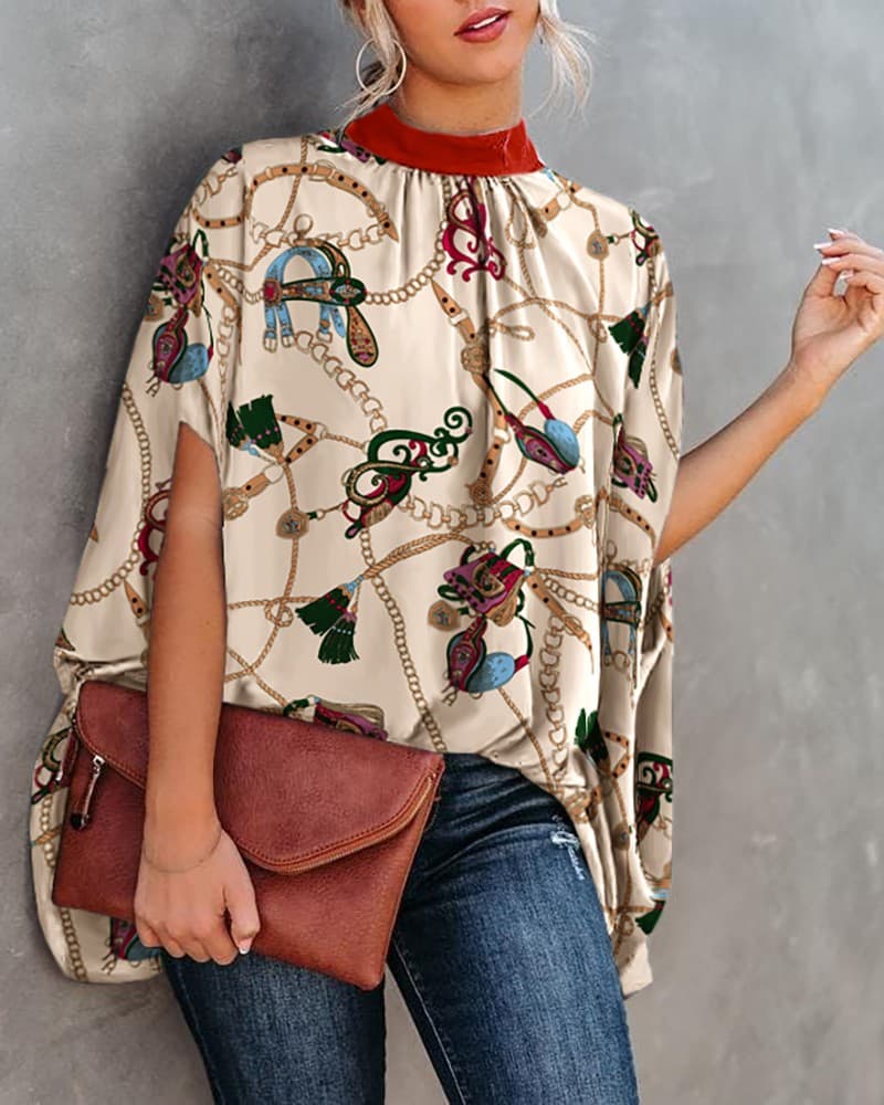Women's Clothing Hot Sale Summer Casual Fashion Printed Split Bat Sleeve Top