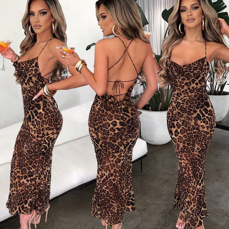 women's clothing new spring and summer leopard print sexy backless lace-up slim midi skirt