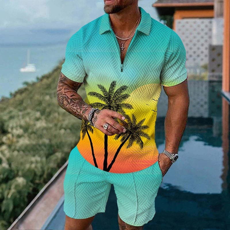 Men's Clothing Men's Fashion Zipper Polo Shirt Set Men's Casual 3D Printed Polo Shirt Shorts