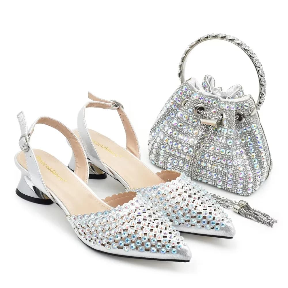 Plus-size pointed women's shoes back empty plated heel + Rhinestone bucket handbag