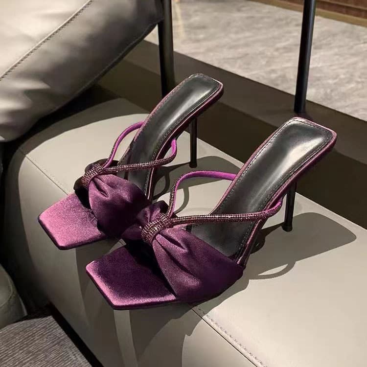 Women’s Shoes Purple Satin Rhinestone Stiletto Slippers Women's New Style Temperament Square Head Cross Strap Sandals