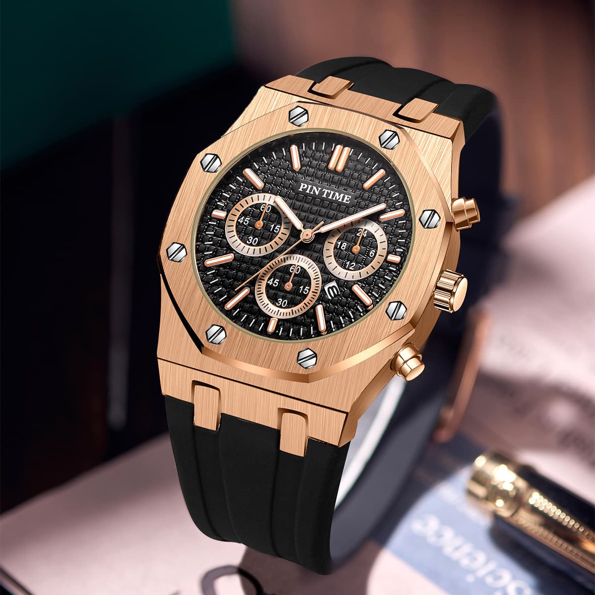 2023 Explosive Model Outdoor Multifunctional Sports and Leisure Watch Large Dial Men's Quartz Watch Silicone Strap Rose Gold