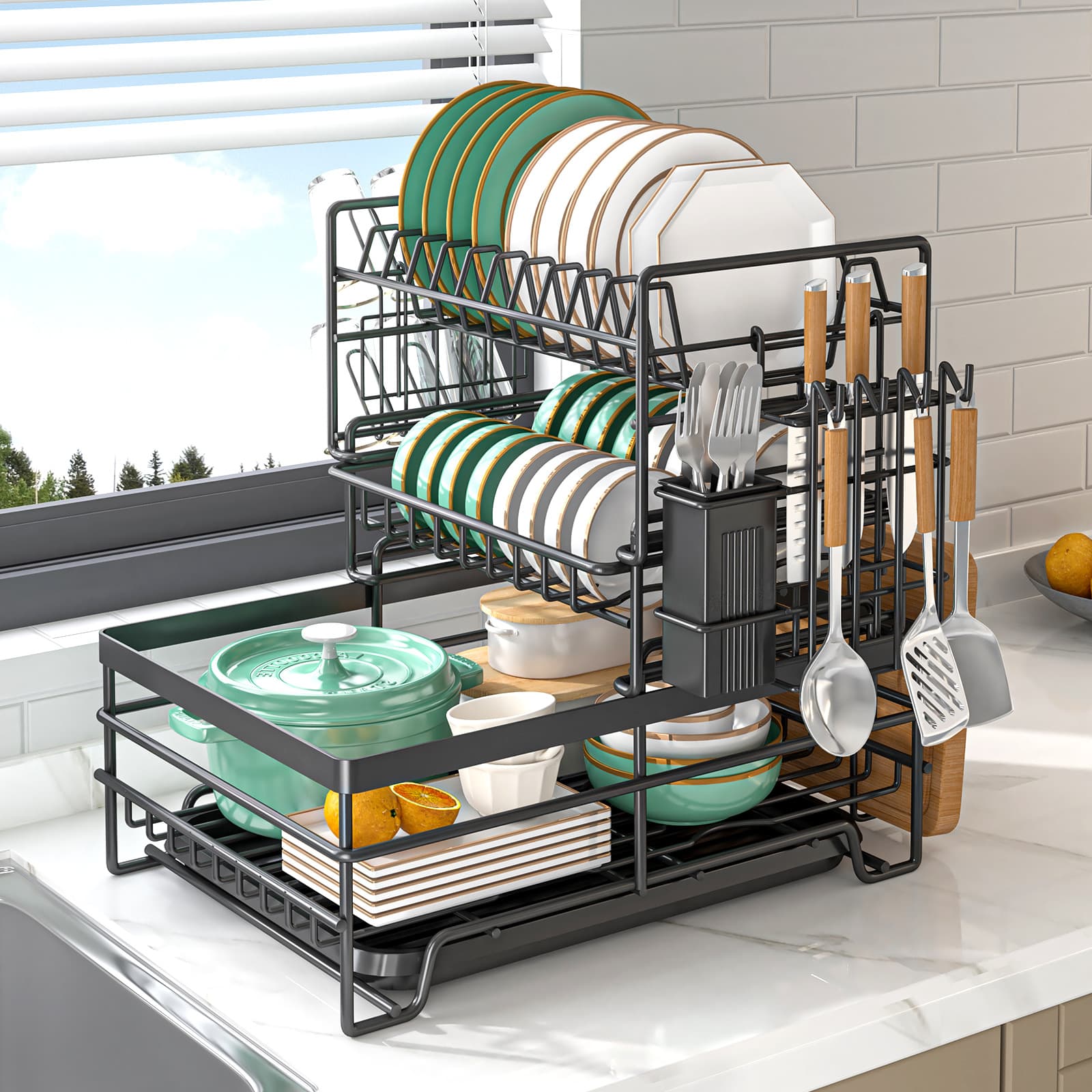 Kitchen Bowl Rack Household Anti-rust Countertop Double-layer Draining Bowl Rack Multifunctional Bowl Storage Rack