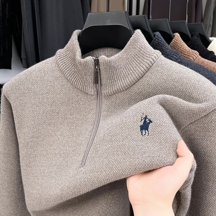 Men's Zipper Pullover With Fleece Lining, Trendy Casual Loose Embroidered Autumn Winter Solid Color Knitted Base Shirt