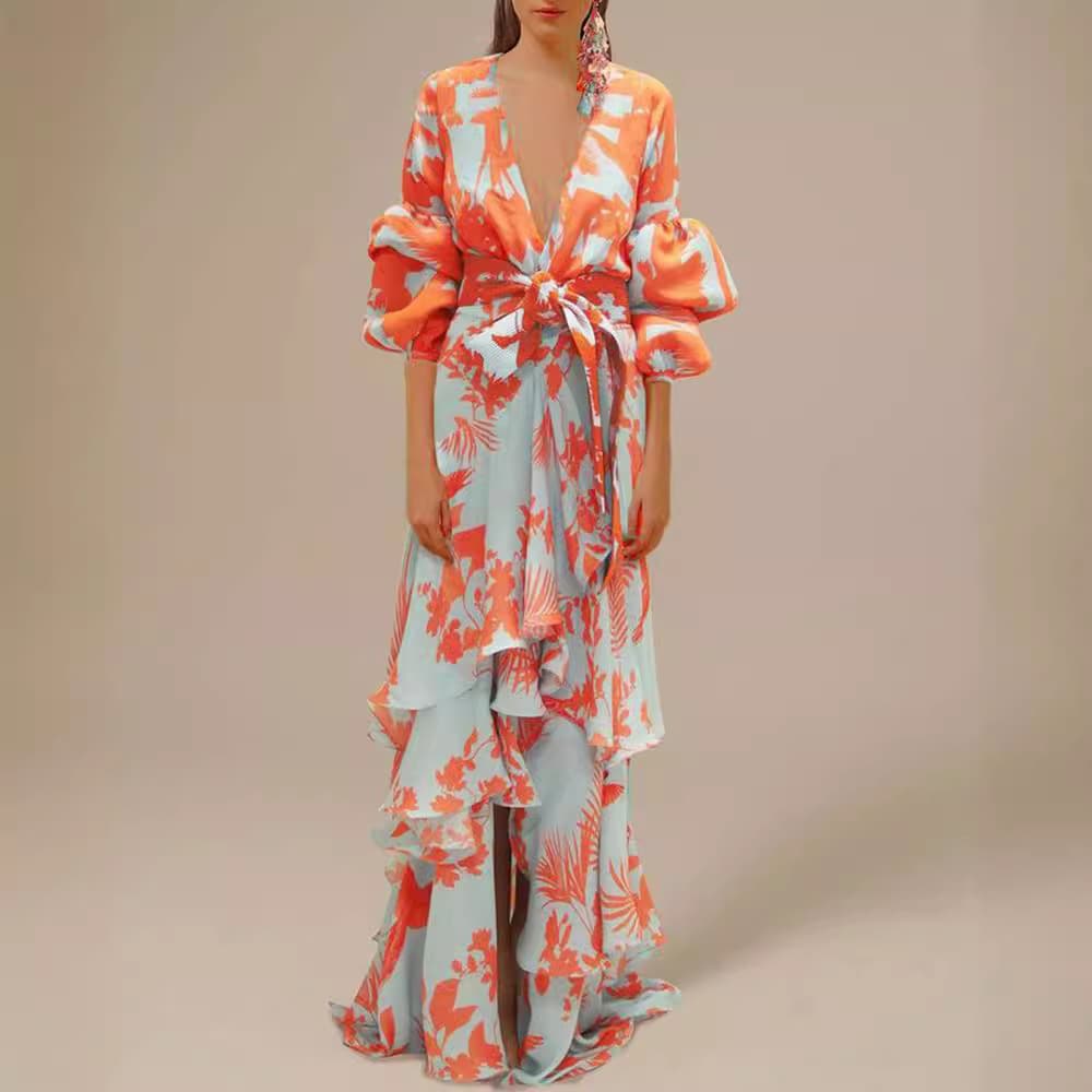 Women's Clothing Fashion Printed Holiday Chiffon Dress Deep V Neck Irregular Bohemian Long Skirt Female