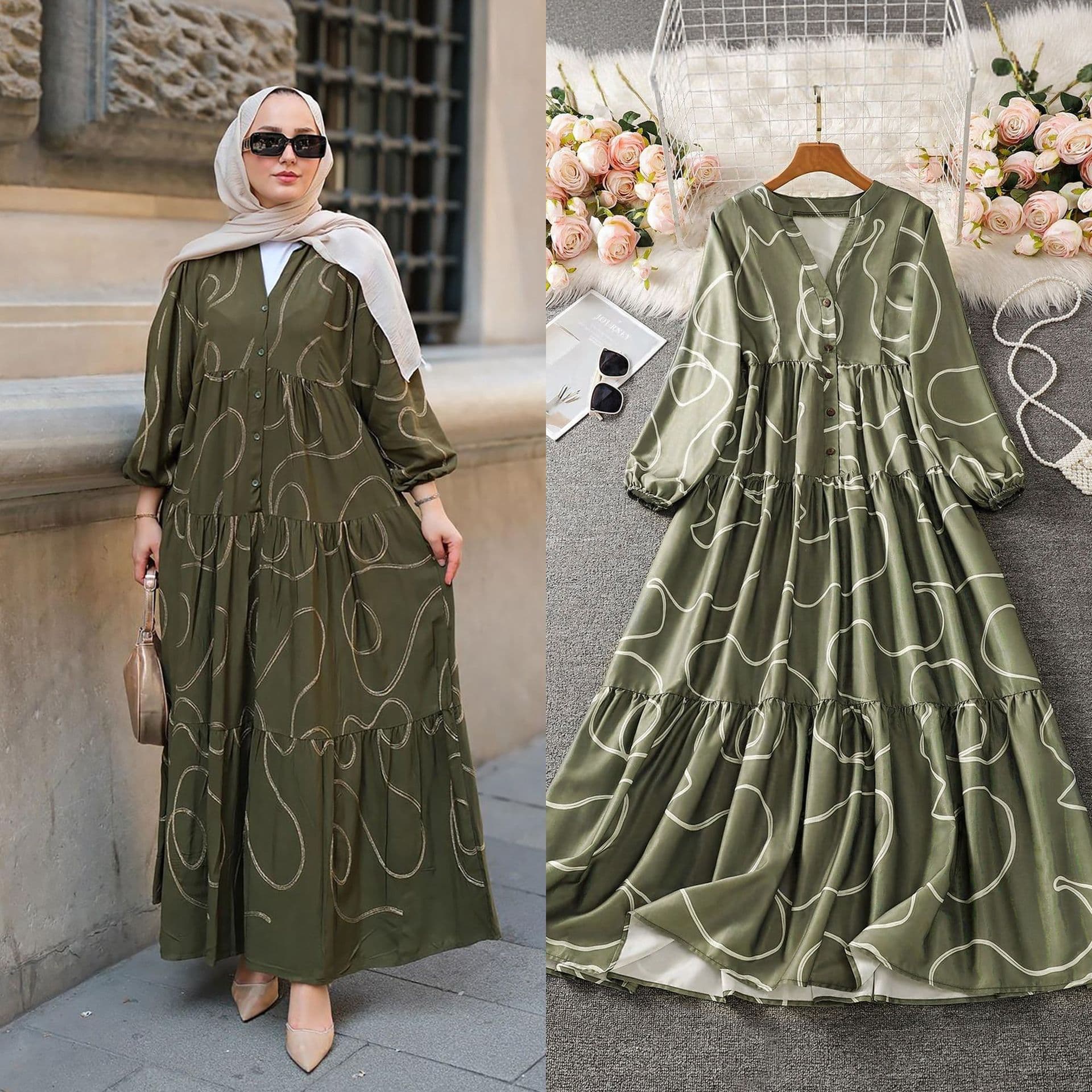 V-Neck Printed Abaya Dress – Modest Flowy Long Robe For Muslim Women (S-XXL, Elegant Green)