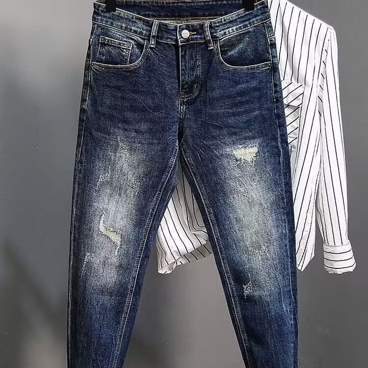 Autumn and Winter New Jeans Men's Large High Elastic Slim Fit Small Feet Pencil Pants Fat Man Plus Size Trendy Brand