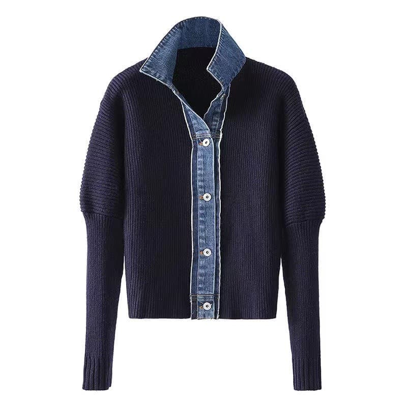 Women's Loose Denim Splicing Knitted Jacket Polo Collar Top Cardigan Sweater