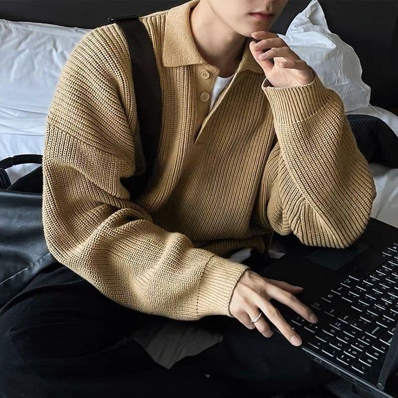 Men's Clothing Polo collar sweater men's autumn style loose retro casual lapel sweater version of high street all match bottoming shirt