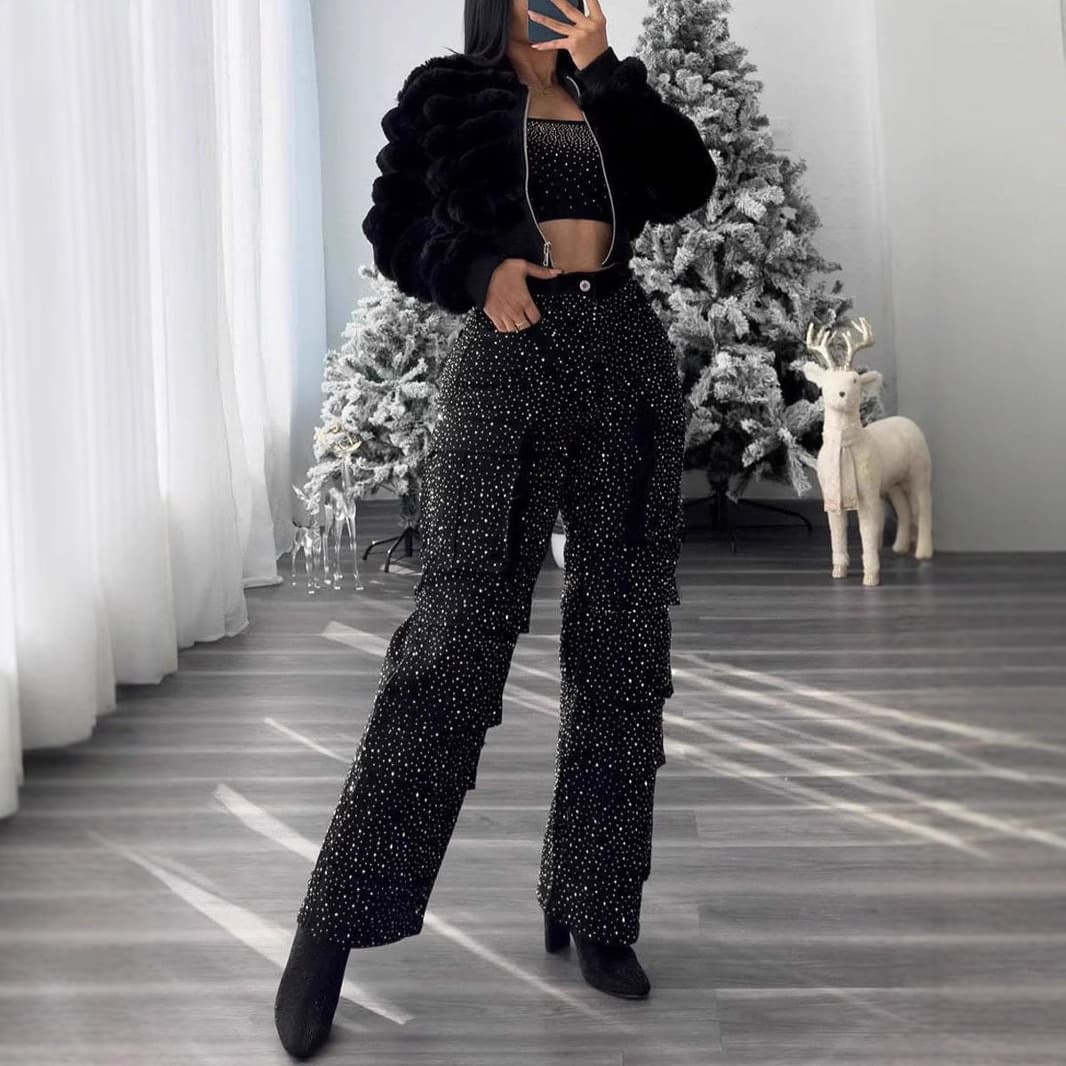 Women's Clothing High Waist Multi-Pocket Rhinestone Studded Jogger Pants With Polka Dots – Stretch Denim Cargo Pants For Women & Men, Streetwear​