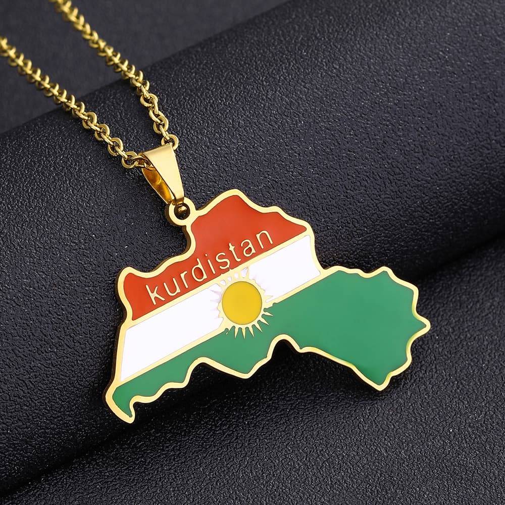 Collier avec pendentif carte du Kurdistan en forme de goutte d'huile, style rétro, en acier inoxydable, pour hommes et femmes