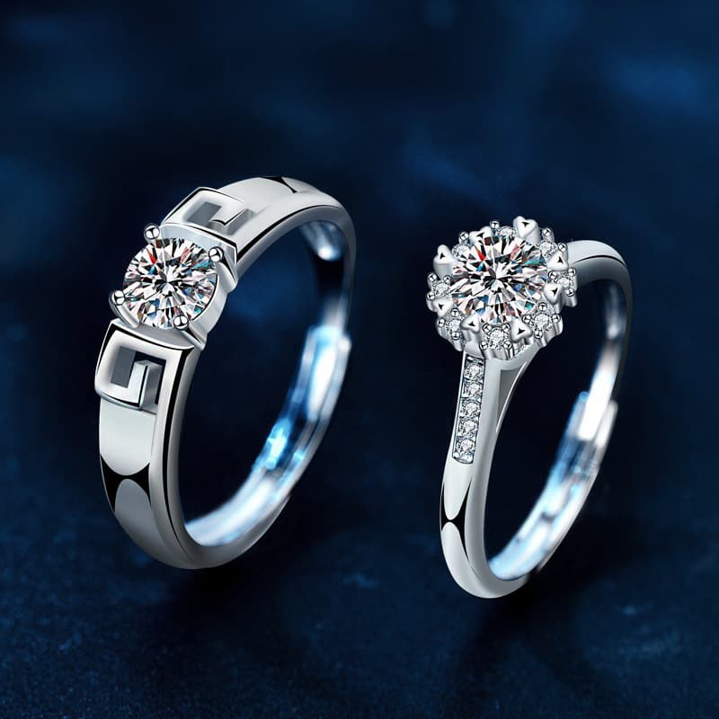 925 Sterling Silver Moissanite Couple Rings Set - Unique Heart-Shaped Adjustable Engagement Wedding Bands For Him & Her​