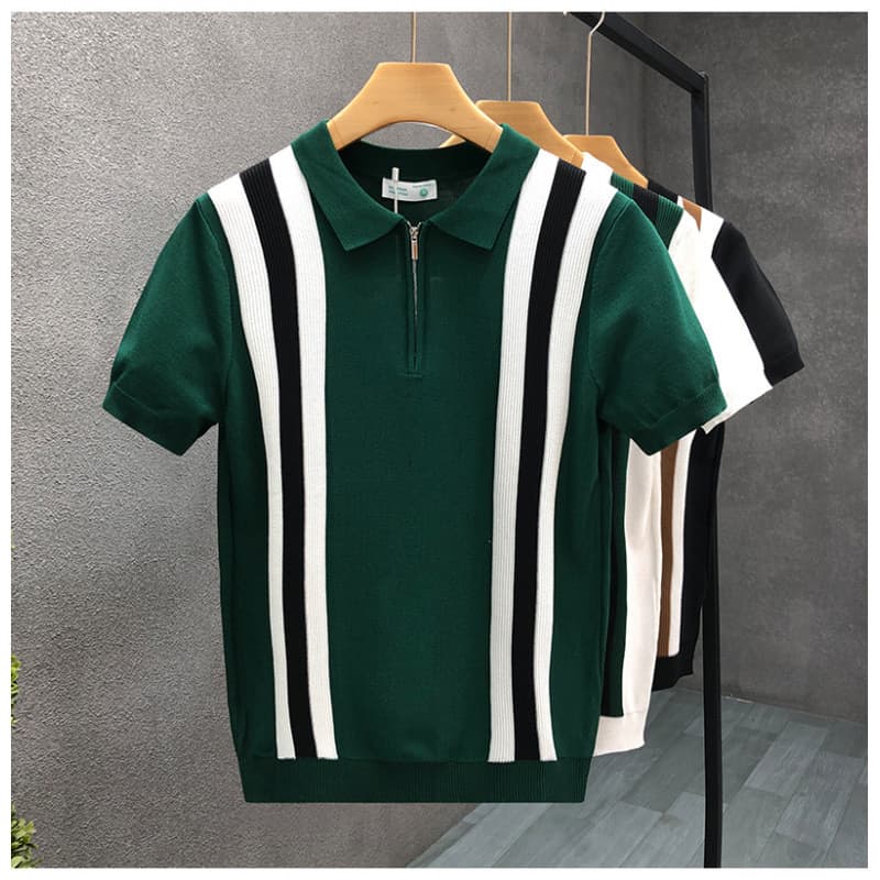 Summer Men's Color Matching Striped Knitted Polo Shirt Short Sleeved T-Shirt Gentleman Lapel