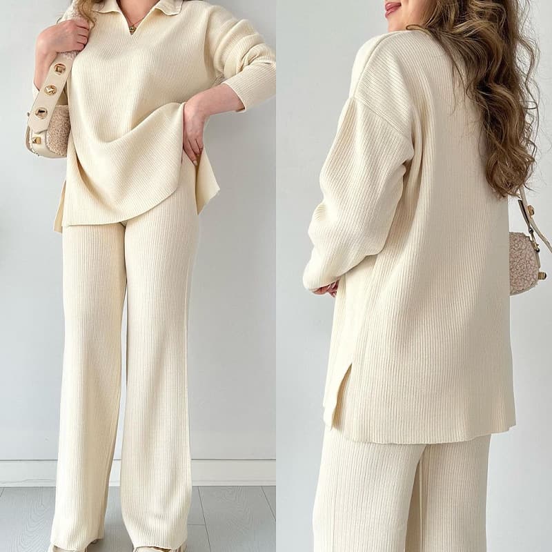 Women's fashion solid color loose hem slit sweater two-piece set for women