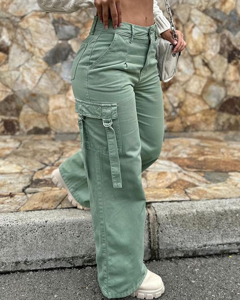 Women's Casual Patch Pocket Cargo Straight Pants