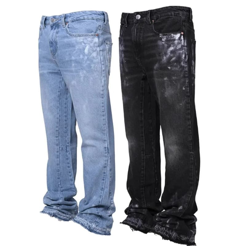 Men's Stretch Denim Jeans – Straight Leg Vintage Washed Pants With Hand-Painted Details, Trendy Streetwear Essential (Black/Blue)