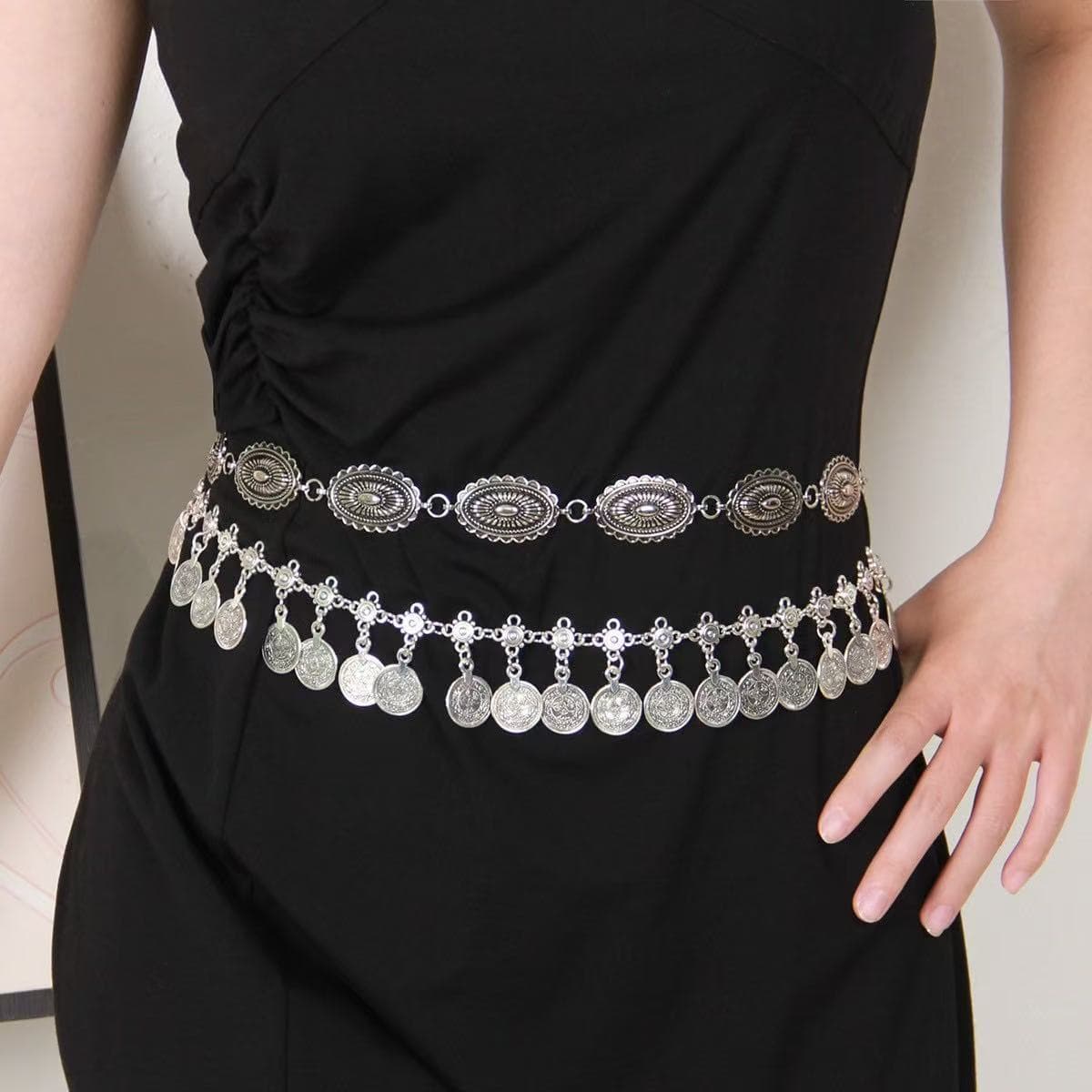 Ethnic Silver Flower Waist Chain - Thin & Decorative Iron Belt For Women, Simple Dress Jewelry
