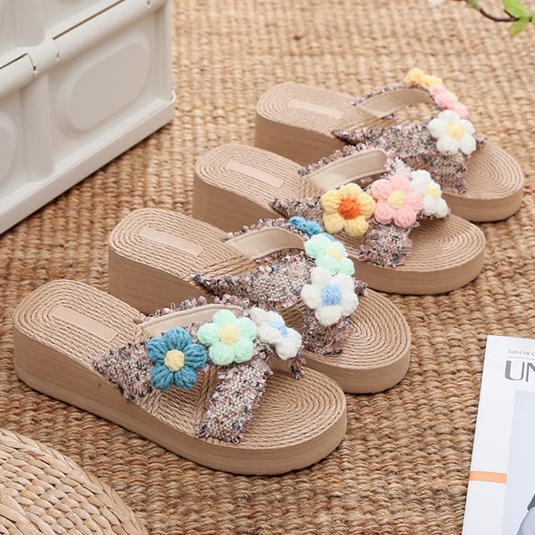 Linen Bottom Cross Strap Imitation Grass Woven Women's Slippers, Sandals, Thick Sole Slope, And Xishuangbanna