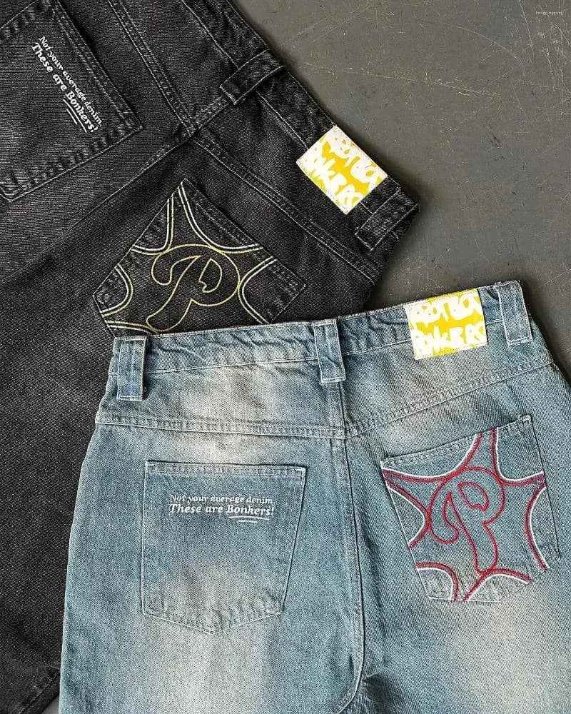 Men's Jeans Y2K PROTECT Lett Embroidy Washed Blue Baggy Men And Women Retro Haruku Hip-Hop High Waist Wide Leg