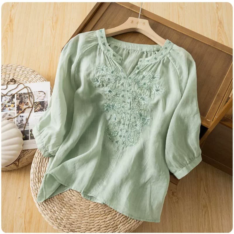 2023 Summer New Cotton And Linen Three-quarter Sleeve Embroidered Tops For Women, Artistic Retro Half-open Collar Cotton And Linen Shirts