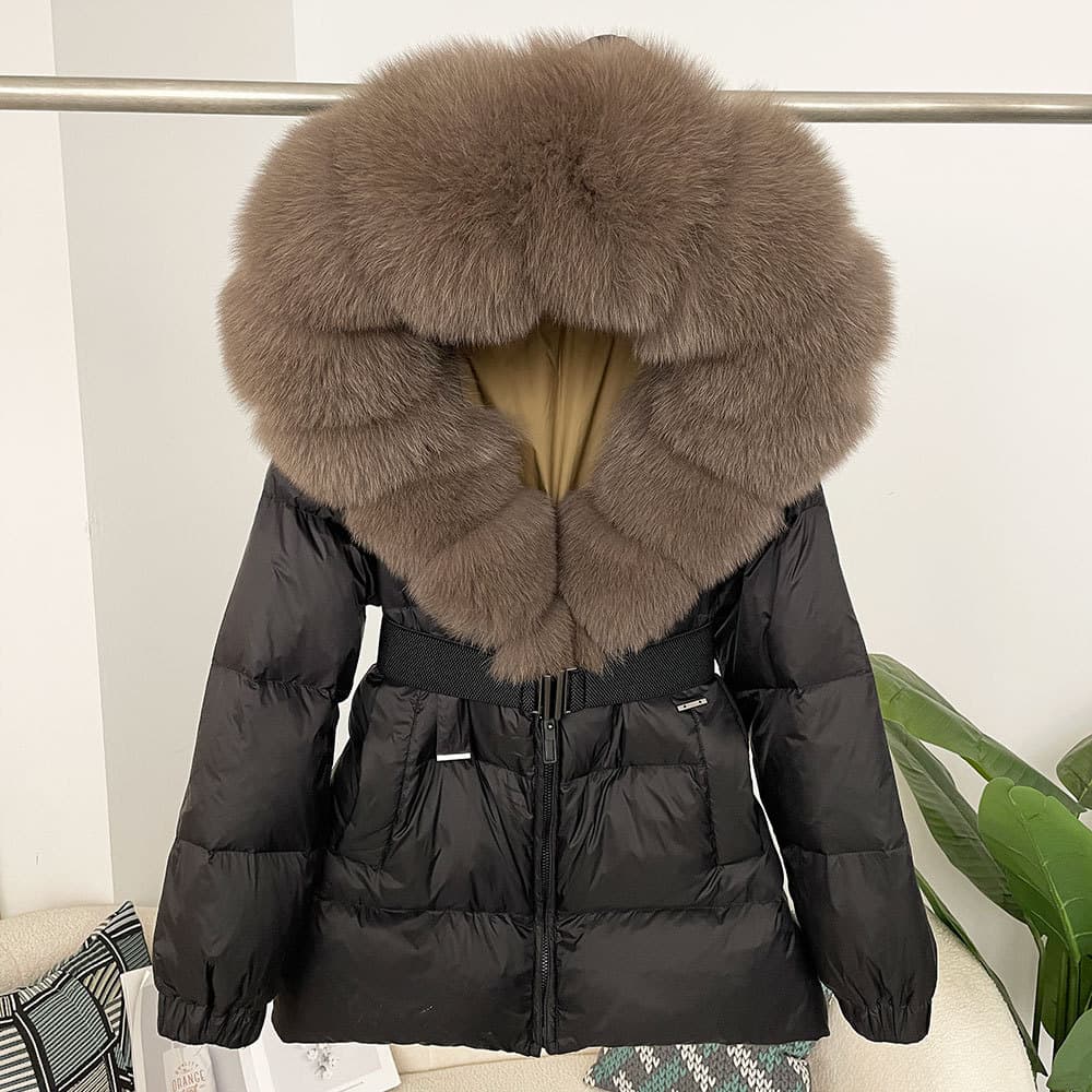 Women's Clothing Winter Warm Fashion Oversized Real Fox Collar Hooded White Duck Down Jacket Fur