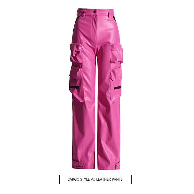 Women's Clothing high waist trousers 2024 autumn new style fashion splicing PU leather multi pocket long zipper workwear leather trousers