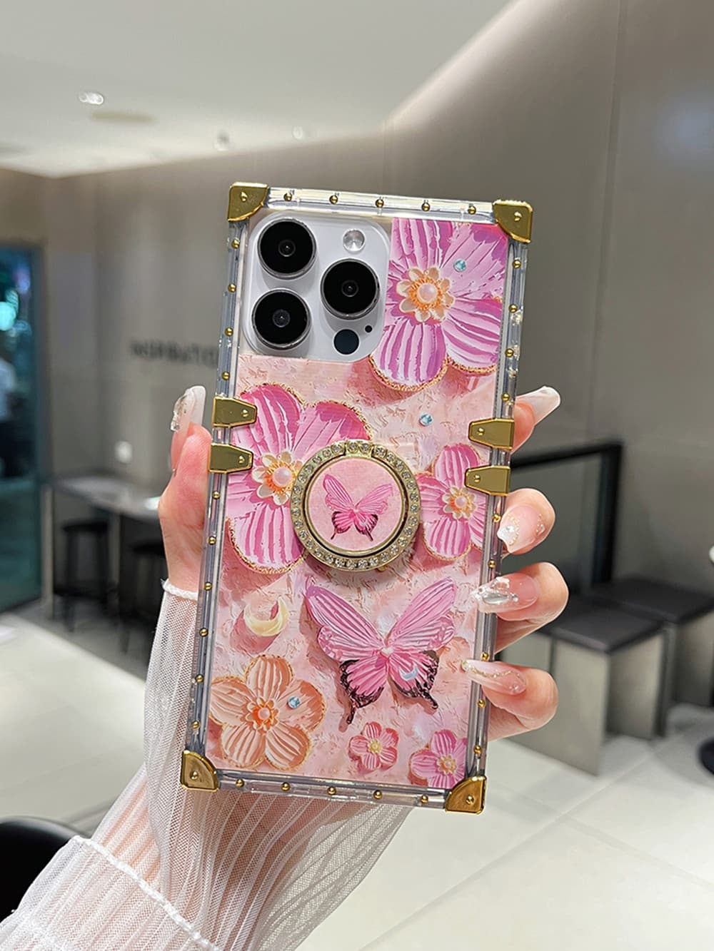 3D Oil Painting Butterfly Flowers Case for iPhone 16 15 Pro Max 14 13 12 11 Finger Ring Stand Protective Funda S24 Ultra