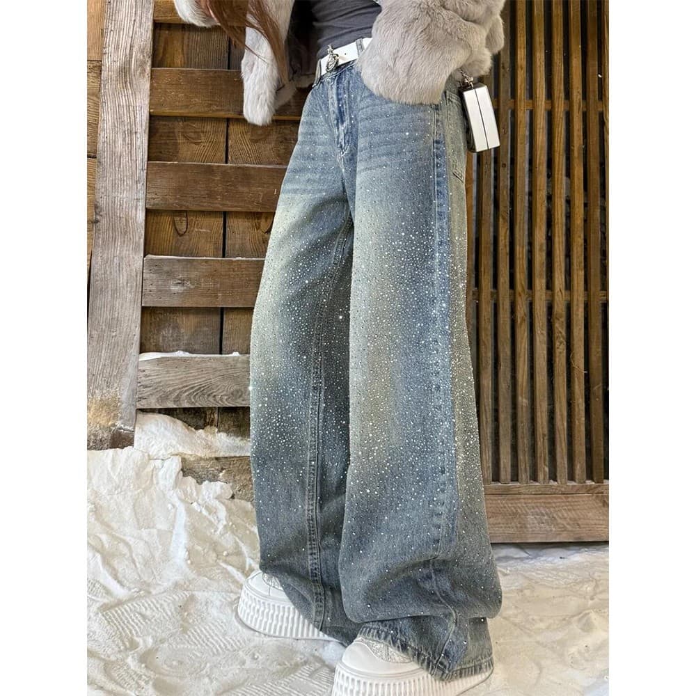 Glitter Starry Sky Rhinestone Fleece-Lined Jeans For Women - High Waist Loose Wide Leg Pants, Trendy & Stylish Casual Wear