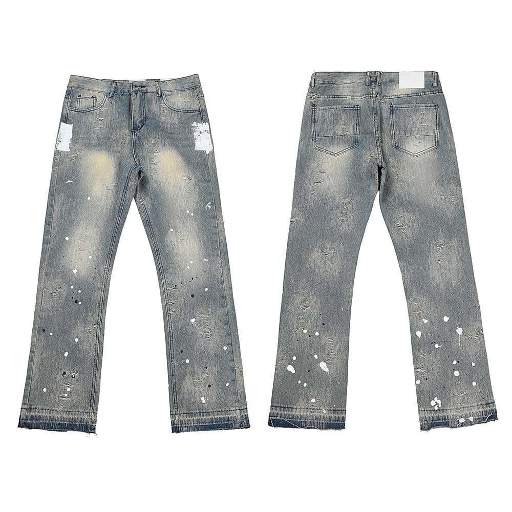Streetwear Destroyed Jeans – Vintage Washed Denim With Artistic Splatter Paint & Raw Hem Fringe, Unisex Boyfriend Fit