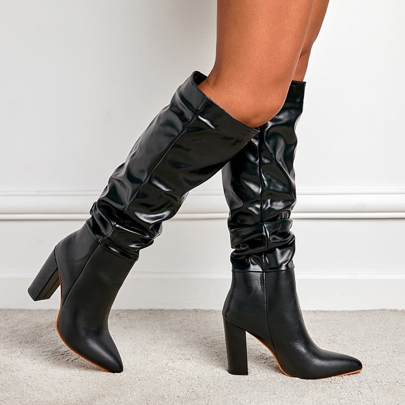 Plus-size black gauze fashion pointy boots for women with thick heels