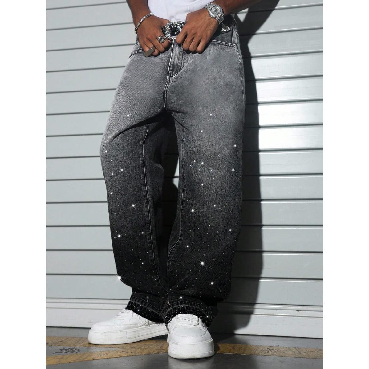 Men's Style Rhinestone Straight Leg Jeans Trendy Loose Fit New Sparkle Denim Pants