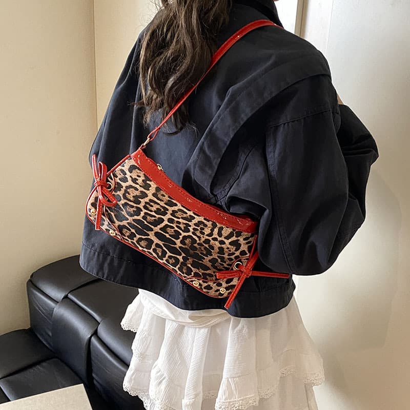 Women's Shoulder Bags Leopard Print Retro Bow Fashion Pu Fashion Trend And Individuality Single-shoulder Underarm Bag