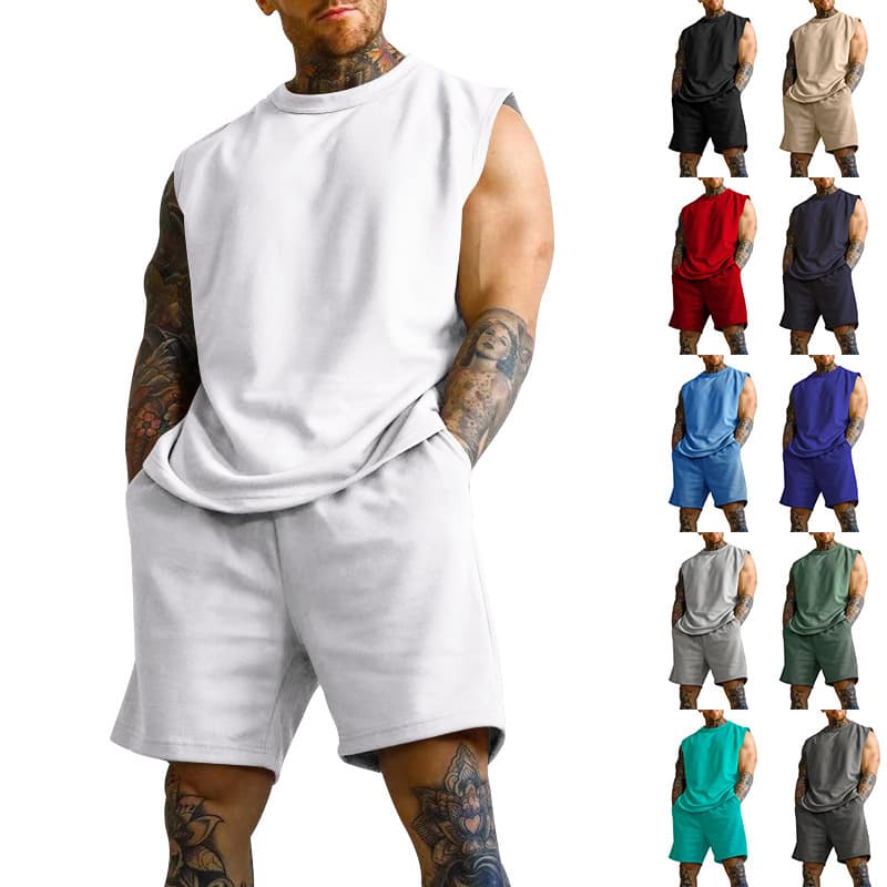 Men's Clothing new summer sleeveless sports suit men's casual thin top solid color waistcoat two piece set for men
