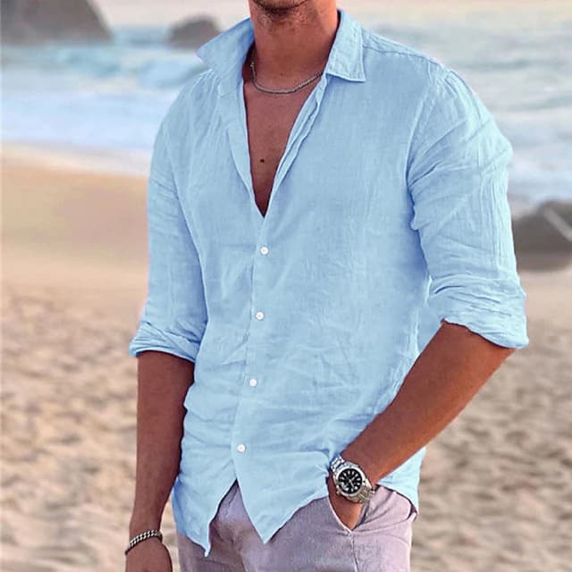 Men's Clothing Solid Color Cotton And Linen Long-sleeved Shirts For Young Trendy Men