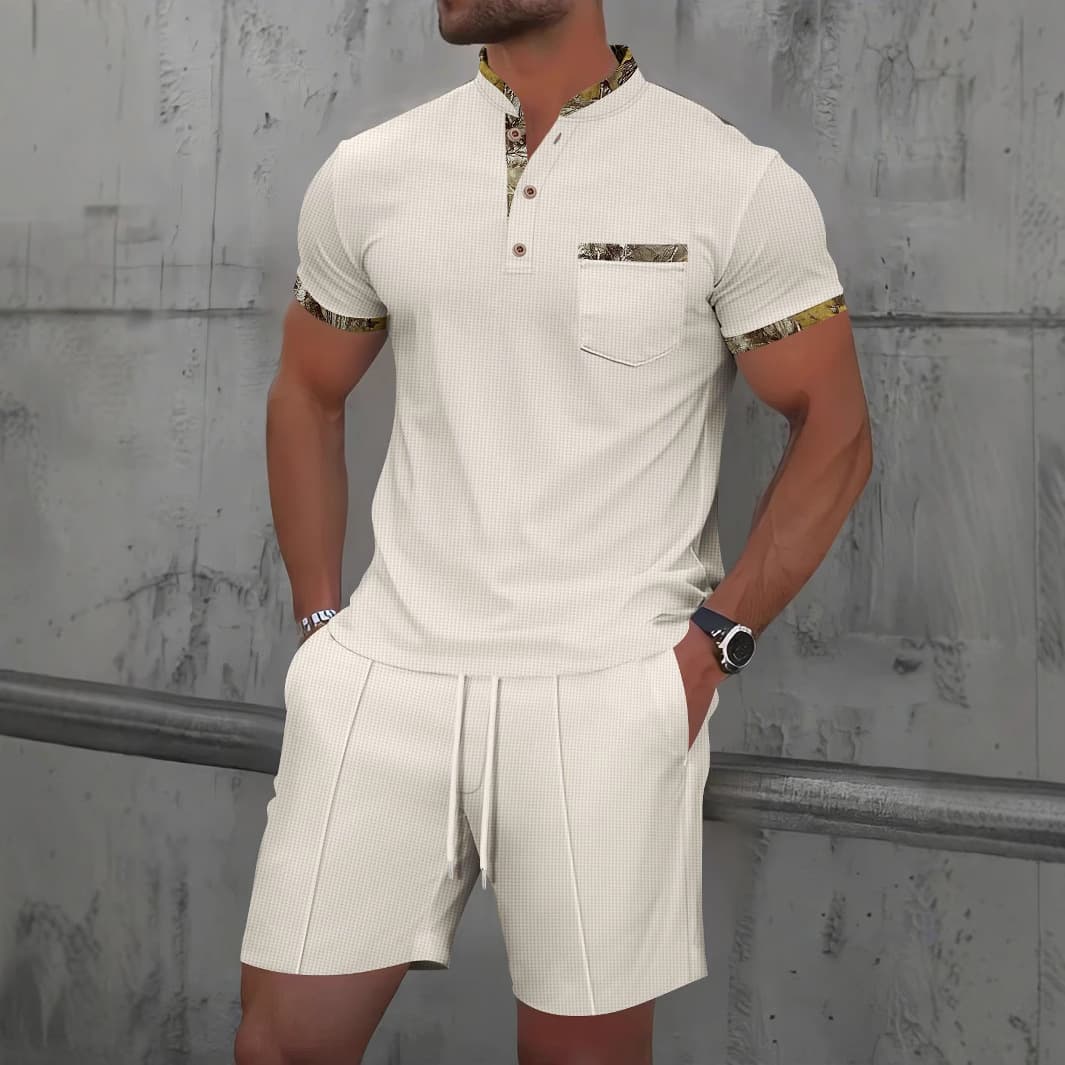 Men's Clothing Independent Station Men's Summer New Hot Sale Waffle Stand Collar Color Matching Short Sleeved Shorts Casual Suit