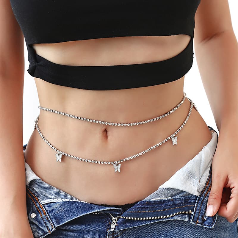 Fashion Artificial Rhinestone Body Jewelry Butterfly Women's Chain Belt Cute Butterfly Belly Button Chain Bikini Waist Chain